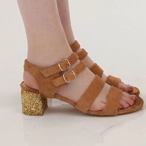 For Love & Lemons X Marais Jardin Tan Glitter Block Kitten Heel Sandals Size 10